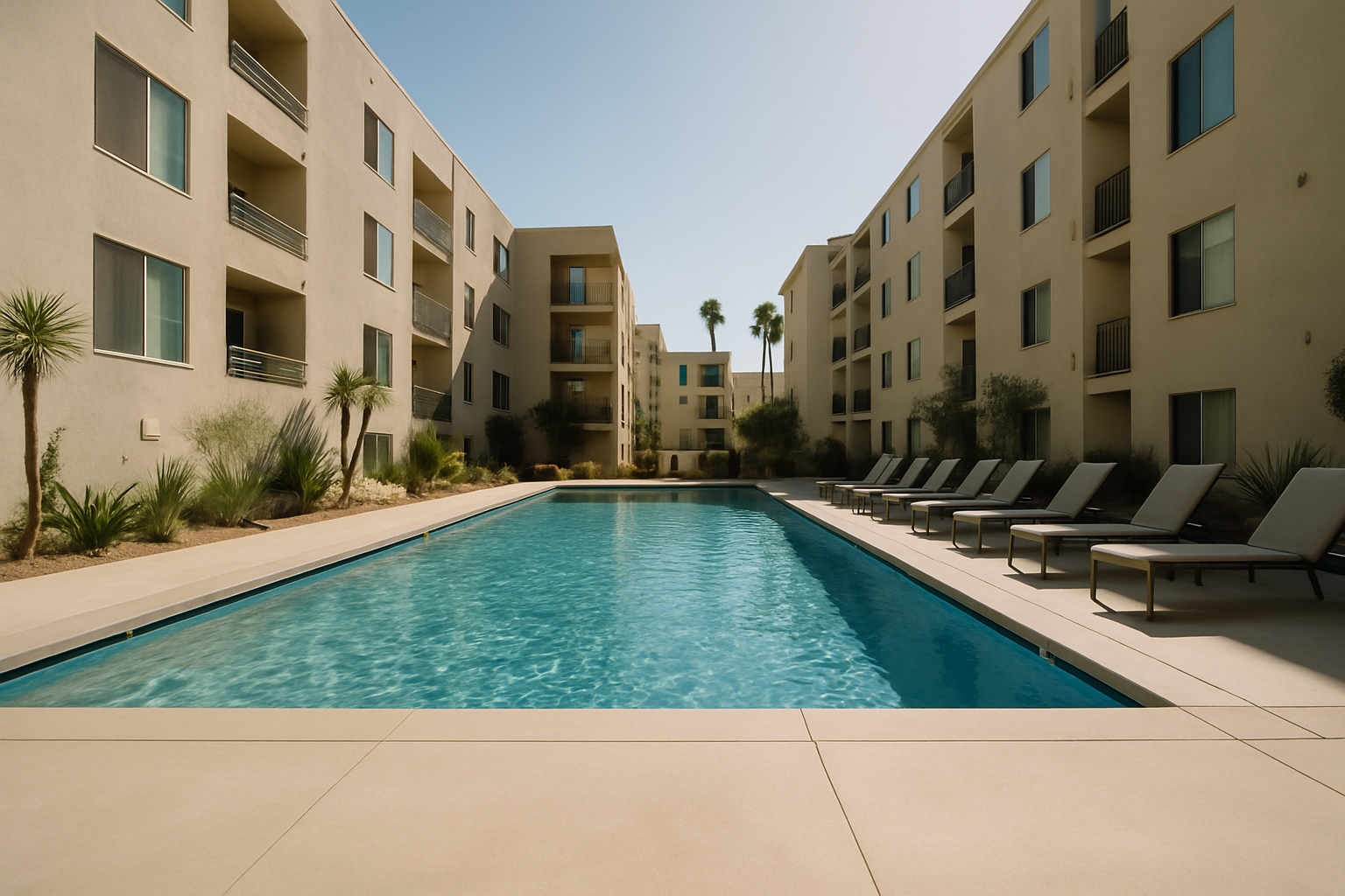 Establishes the commercial HOA pool setting in an LA residential complex, matching the hero section's framing of a profe