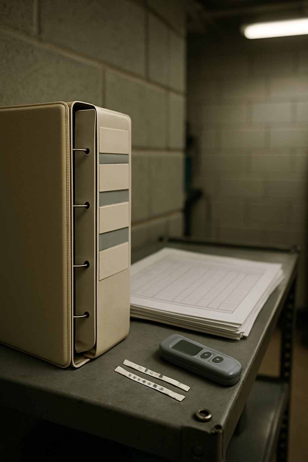 Anchors the compliance-overhaul anecdote by showing the physical record-keeping materials an inspector would expect to f