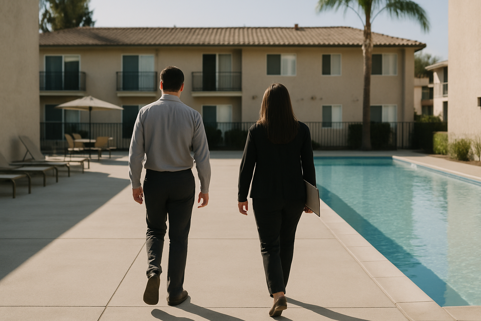 Illustrates the site-walkthrough onboarding process with two unidentifiable figures examining a commercial pool property