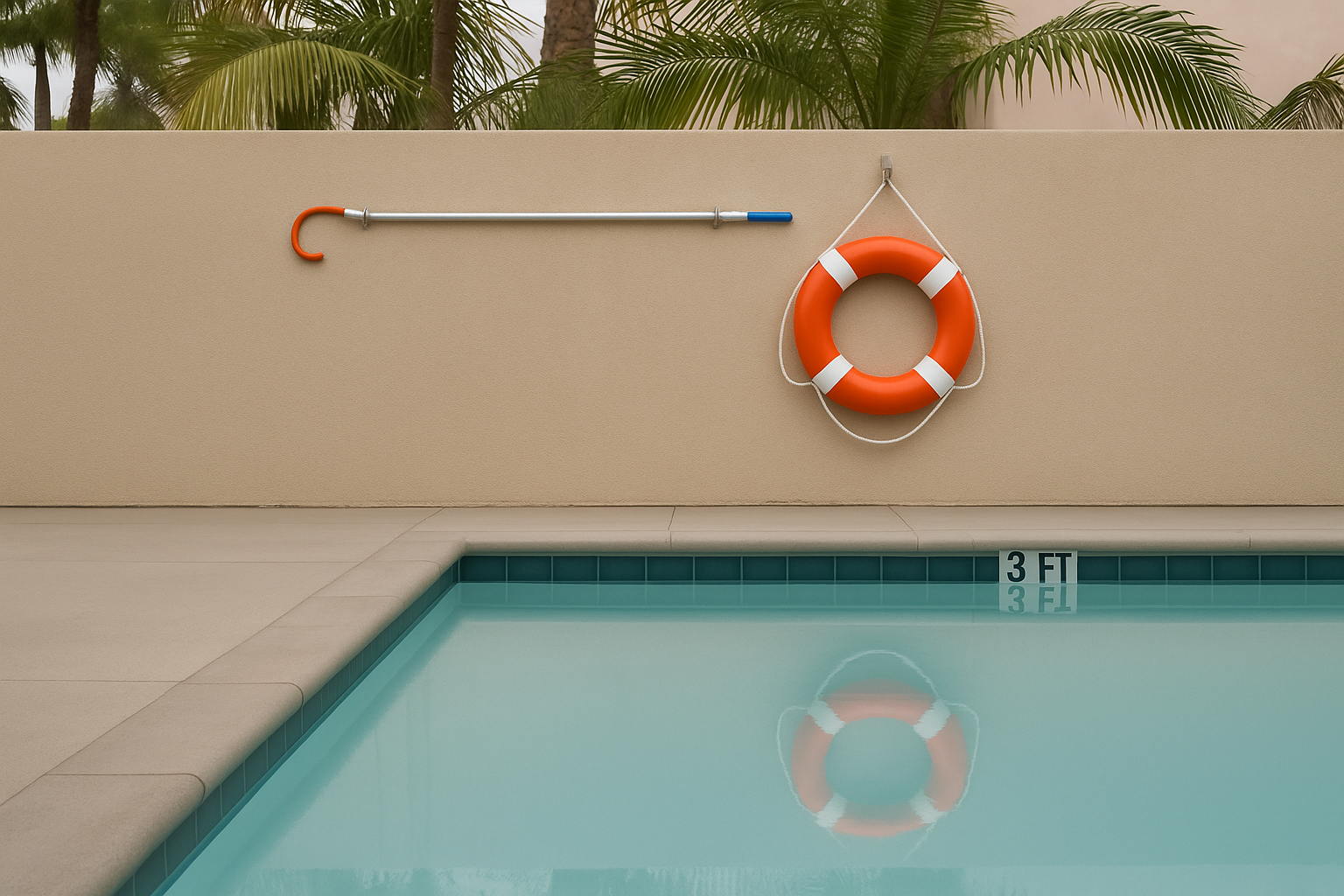 Visualises a Title 22-compliant semi-public pool environment with required safety equipment visible, supporting the comp