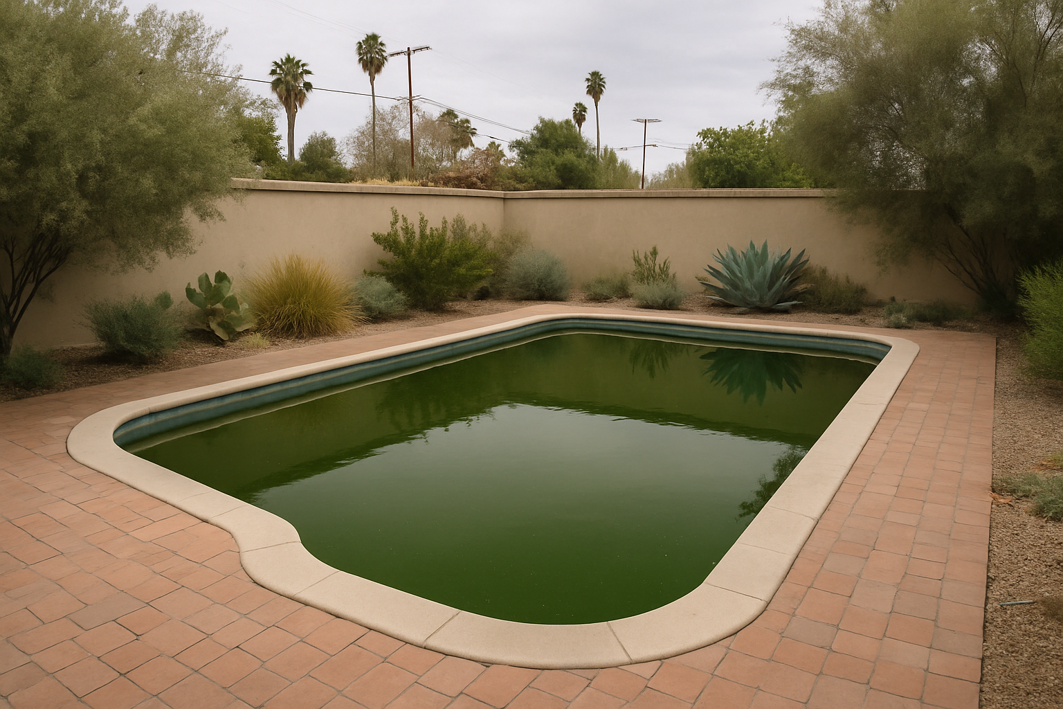 Establishes the core before-state of a severe green pool in an LA residential setting to anchor the page hero section.