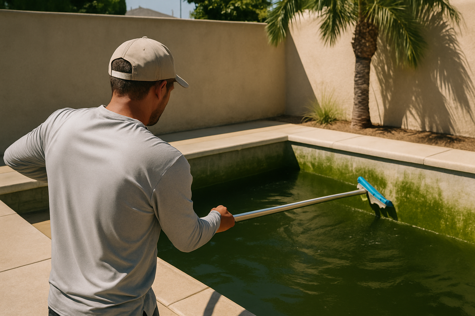 Depicts the physical brushing step of the four-stage recovery process with the pool still in its green, active-treatment