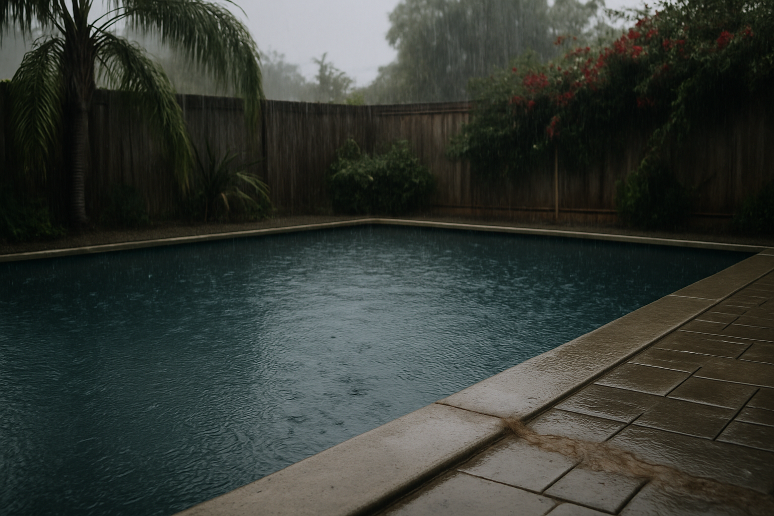 Directly illustrates the rainy-season dilution mechanism described in the surrounding copy  -  rain entering the pool an