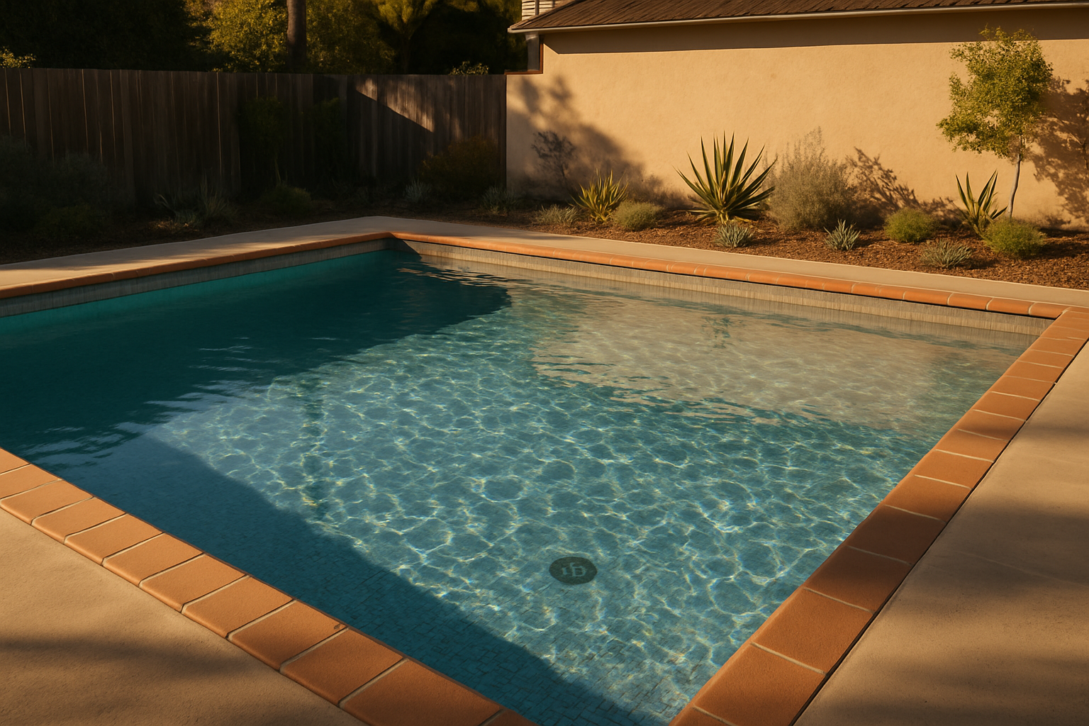 Represents the recovered after-state  -  clear, balanced water in an LA-appropriate pool setting  -  contrasting the gre