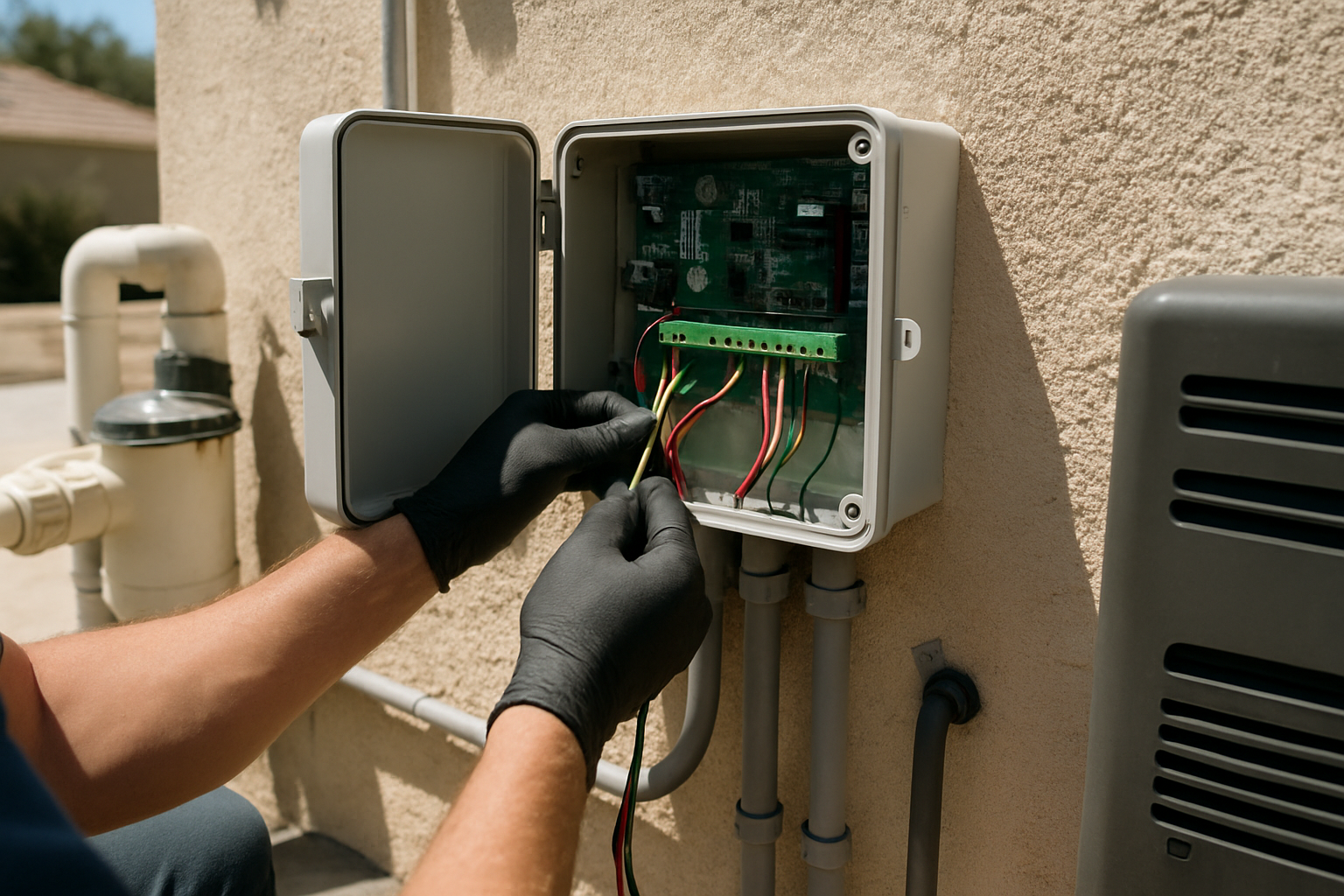 Directly illustrates the 'controller mounted and wired to pump, heater, and lighting circuits' installation process desc