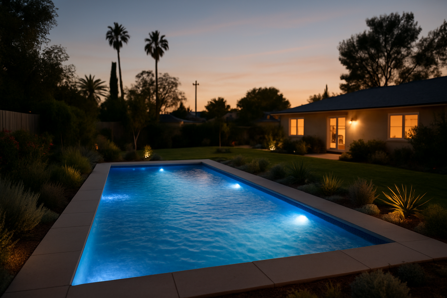 Establishes the hero visual for the automation page  -  a well-lit, modern LA backyard pool that evokes the smart lighti