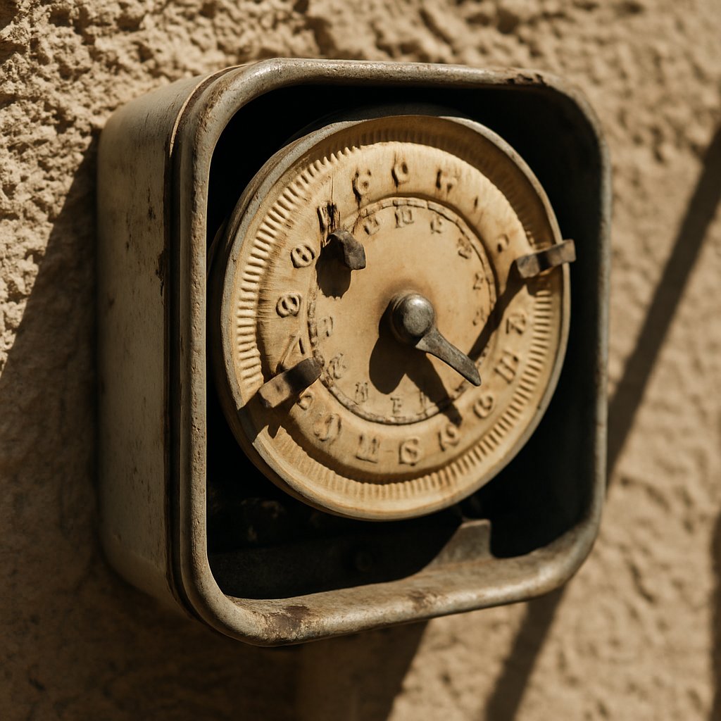 Directly illustrates the 'before' state  -  the obsolete mechanical timer the copy contrasts against modern automation c