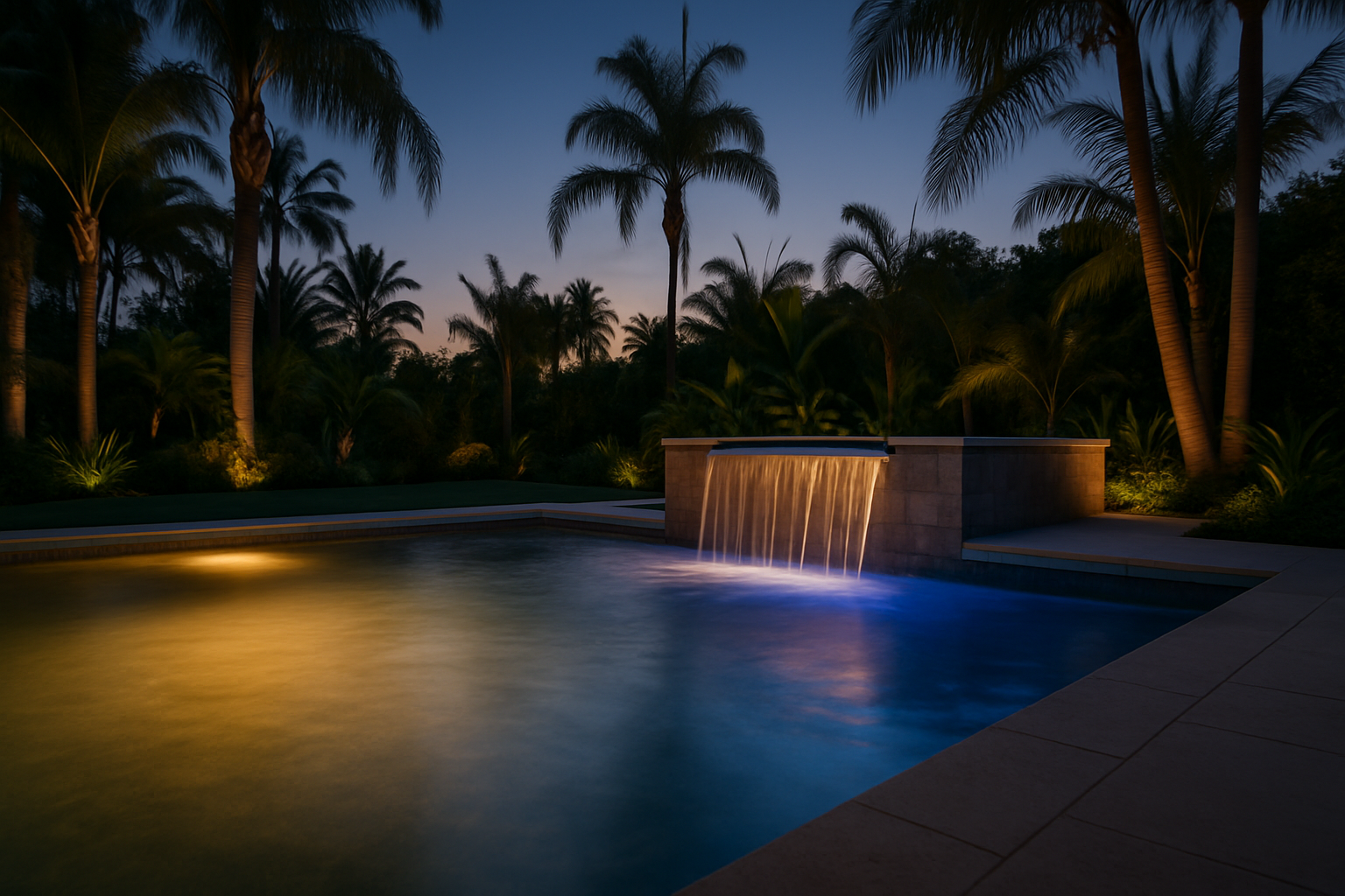 Illustrates the high-end possibilities of whole-home automation integration  -  colour lighting and water features manag