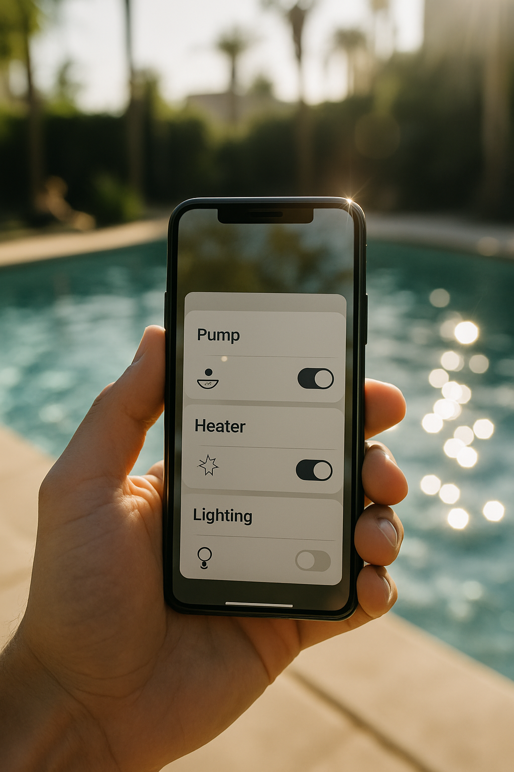 Reinforces the app-first control experience at the point where the copy covers all three brand systems  -  a poolside li