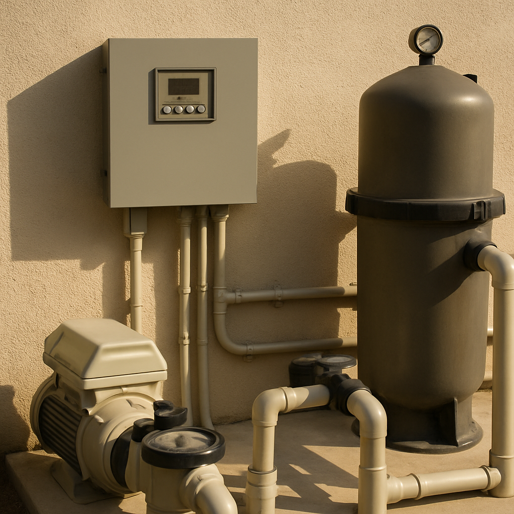 Shows the actual hardware centrepiece of the service  -  the automation controller mounted alongside a variable-speed pu