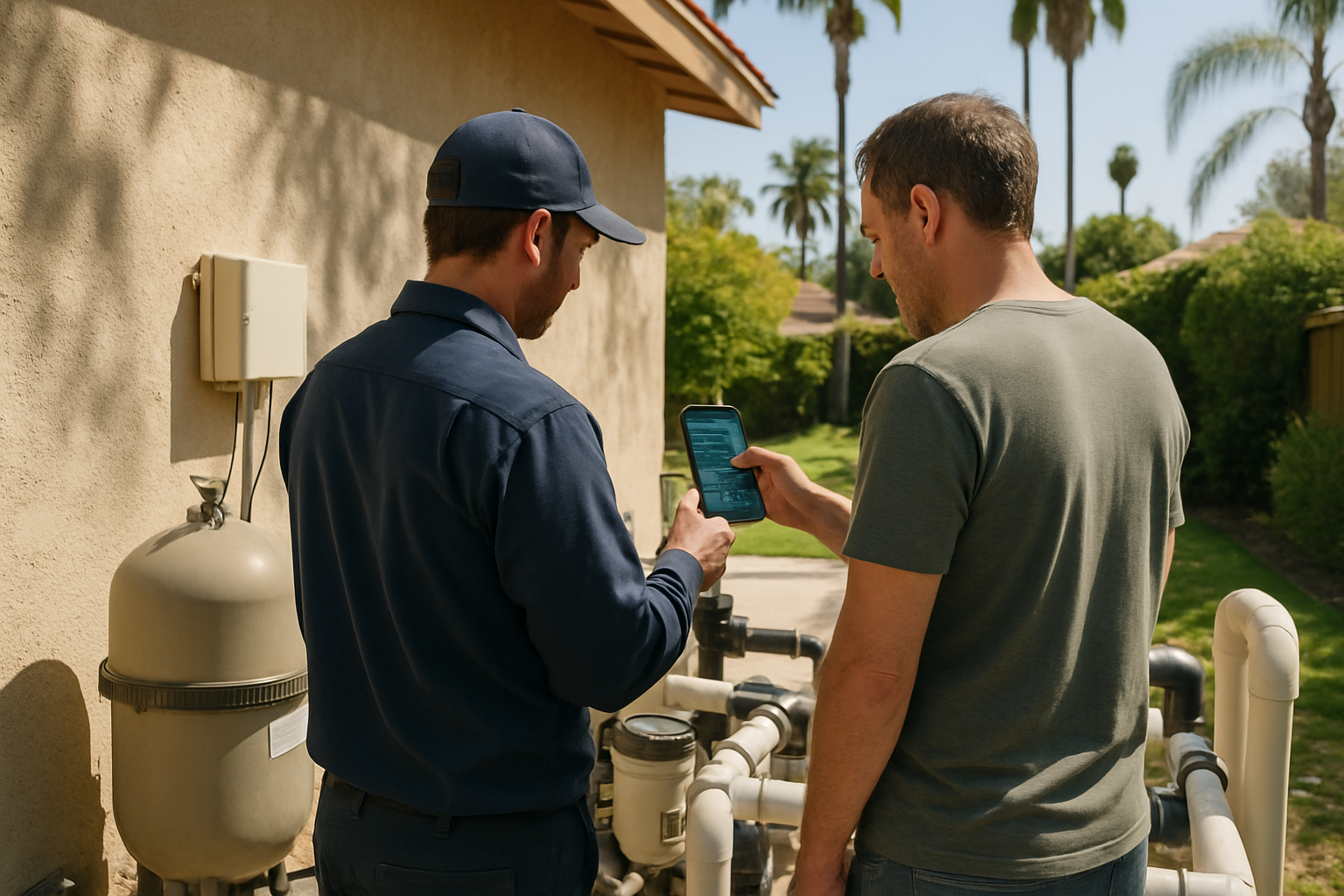 Captures the 'working app setup before we leave' service promise  -  a technician and homeowner reviewing the live syste