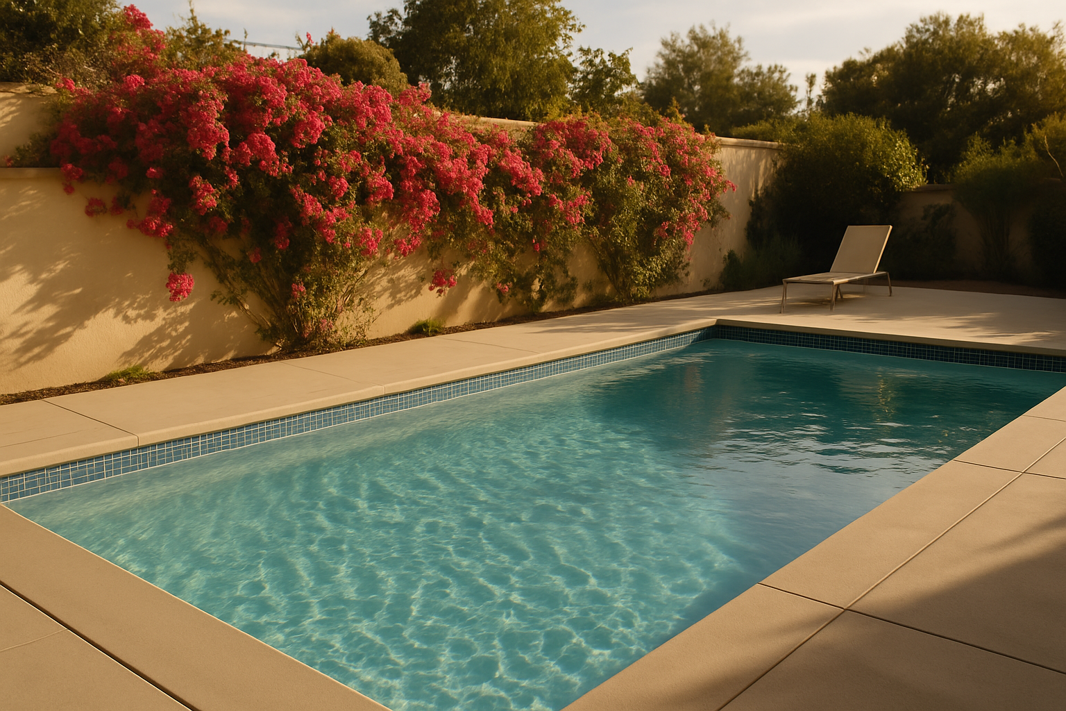 Represents the deceptive appearance of a well-maintained pool that may still have hidden equipment or chemistry issues, 