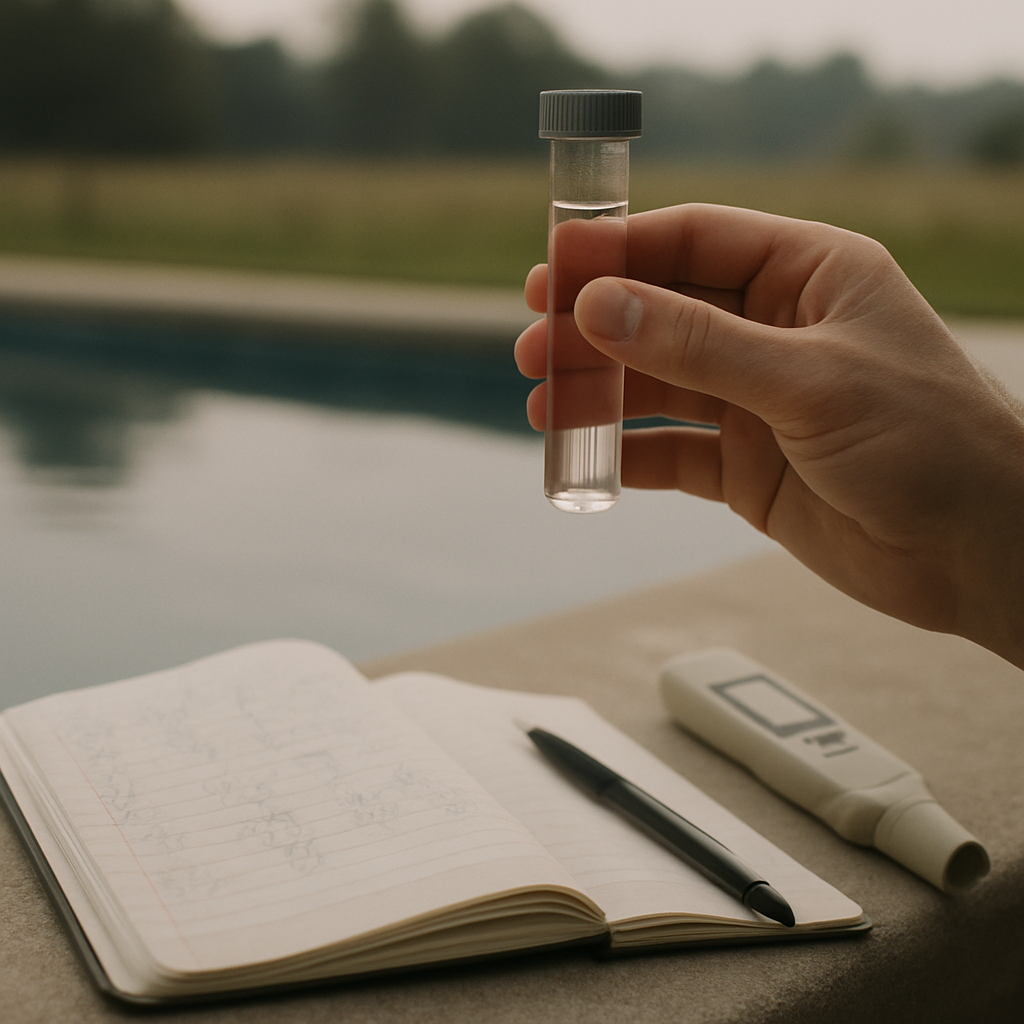 Captures the data-gathering and recording moment of a pool inspection, supporting copy about chemistry readings and equi
