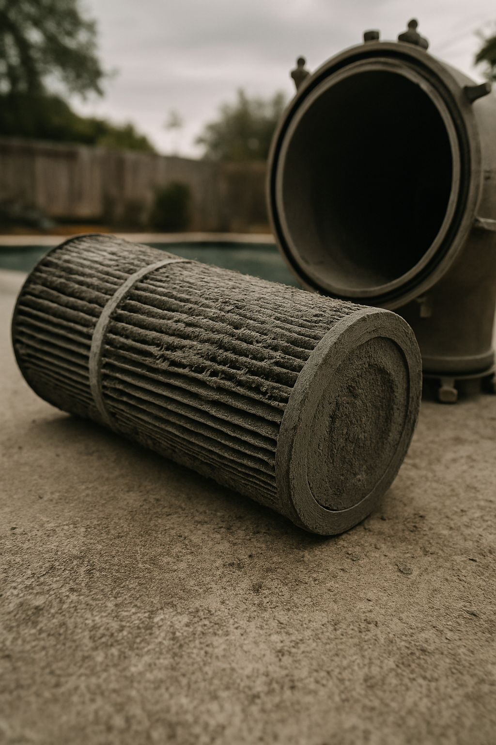 Depicts the filter removal and cleaning step that anchors the first stage of the post-wildfire pool recovery sequence de