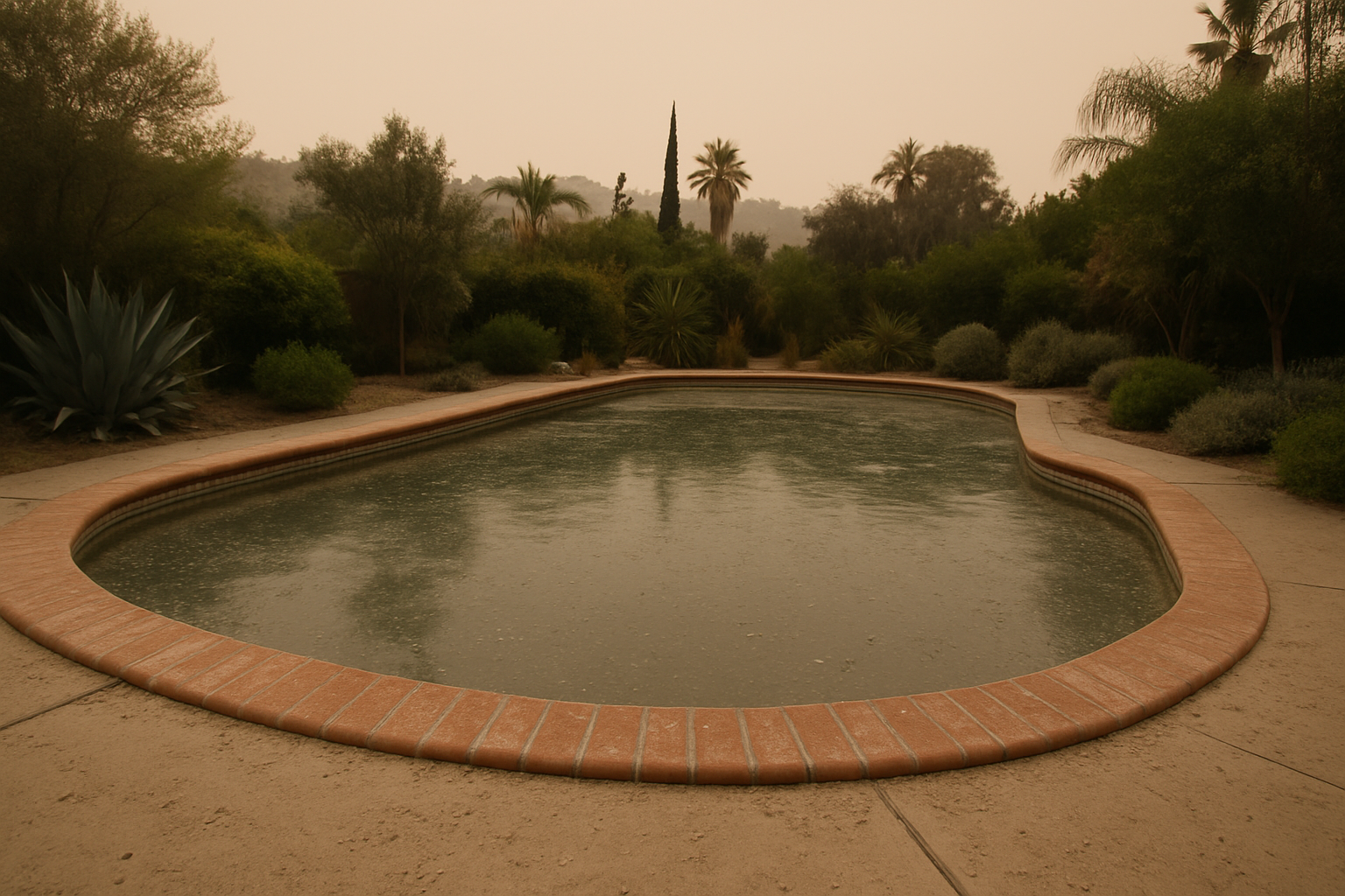 Establishes the primary subject of the page  -  a post-wildfire ash-contaminated LA backyard pool  -  setting context fo