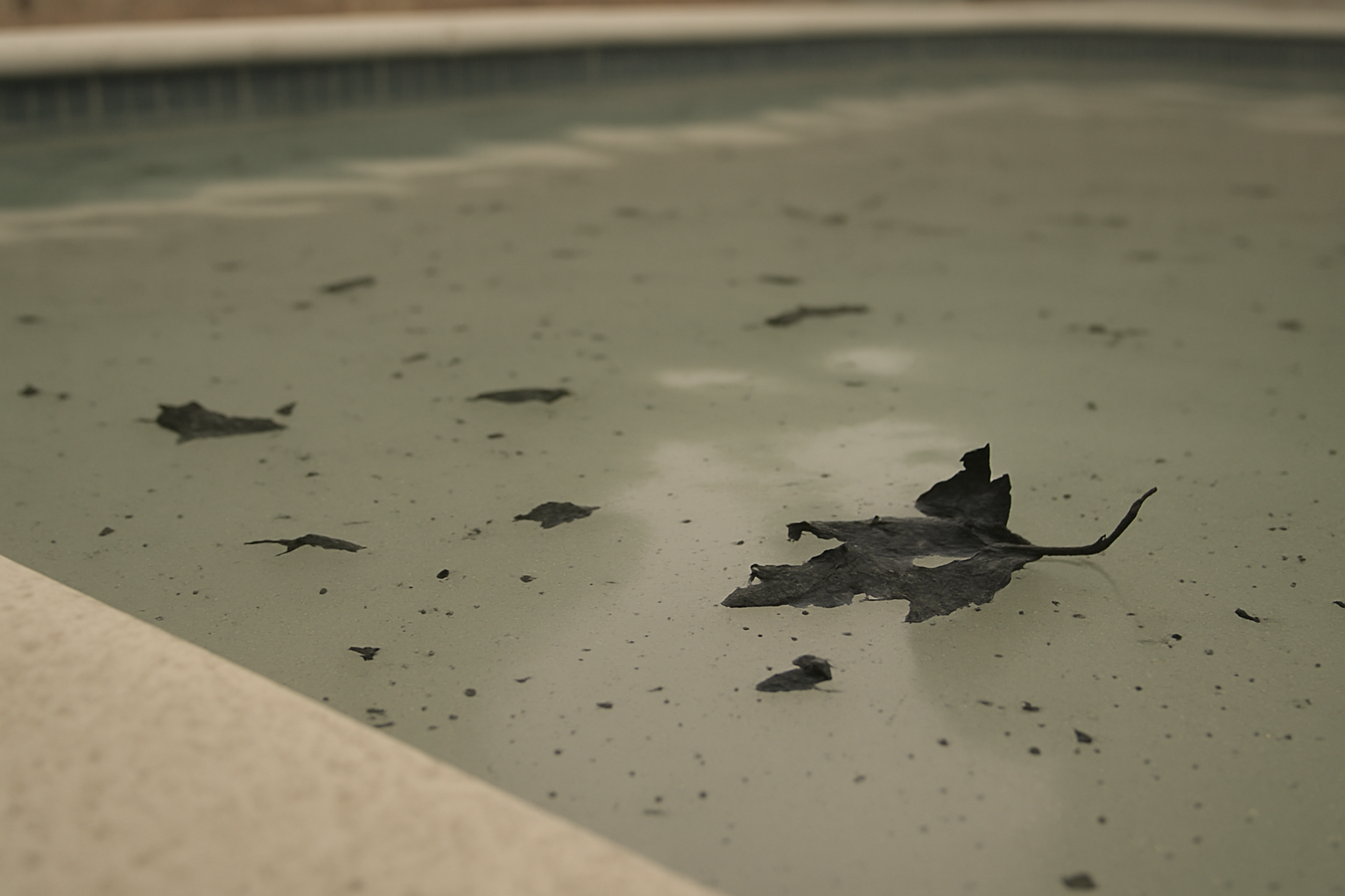 Illustrates the specific gray, ashy contamination that distinguishes wildfire pool water from typical green pool algae p