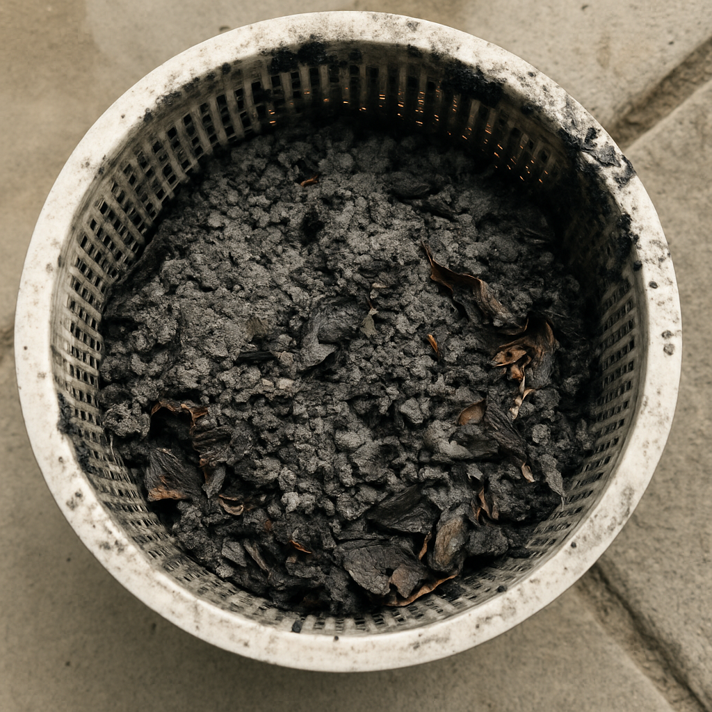 Visually demonstrates the specific clogging condition described in the surrounding copy  -  skimmer baskets packed solid