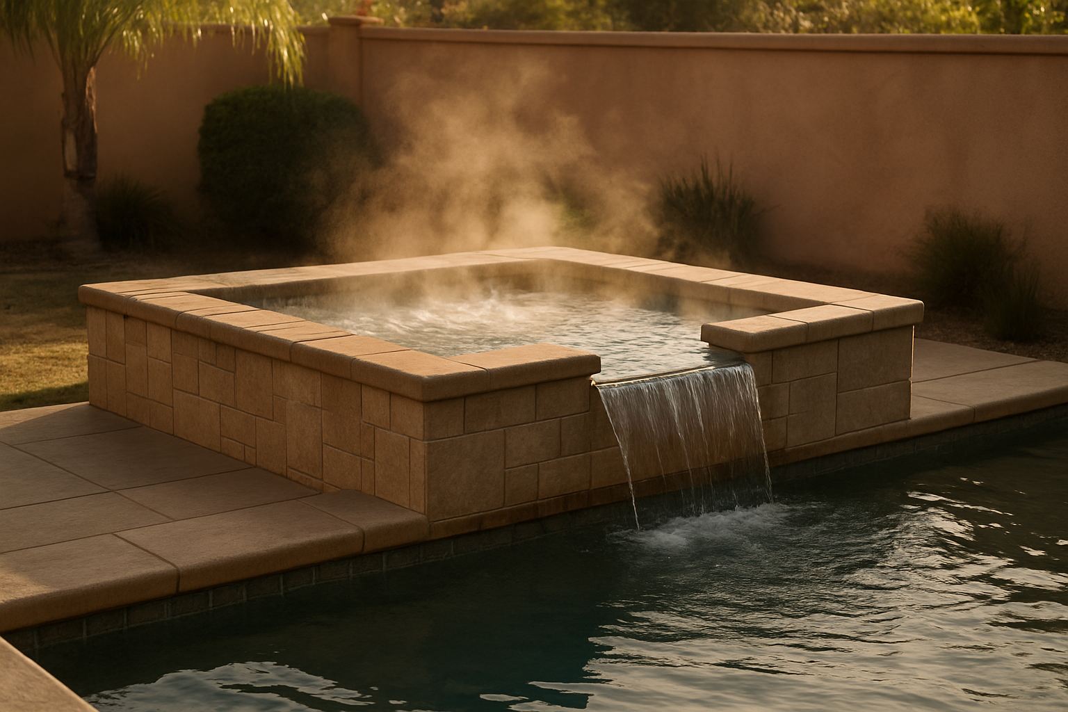 Visually communicates the core chemistry concept  -  smaller, hotter spa water versus a large pool  -  through the physi
