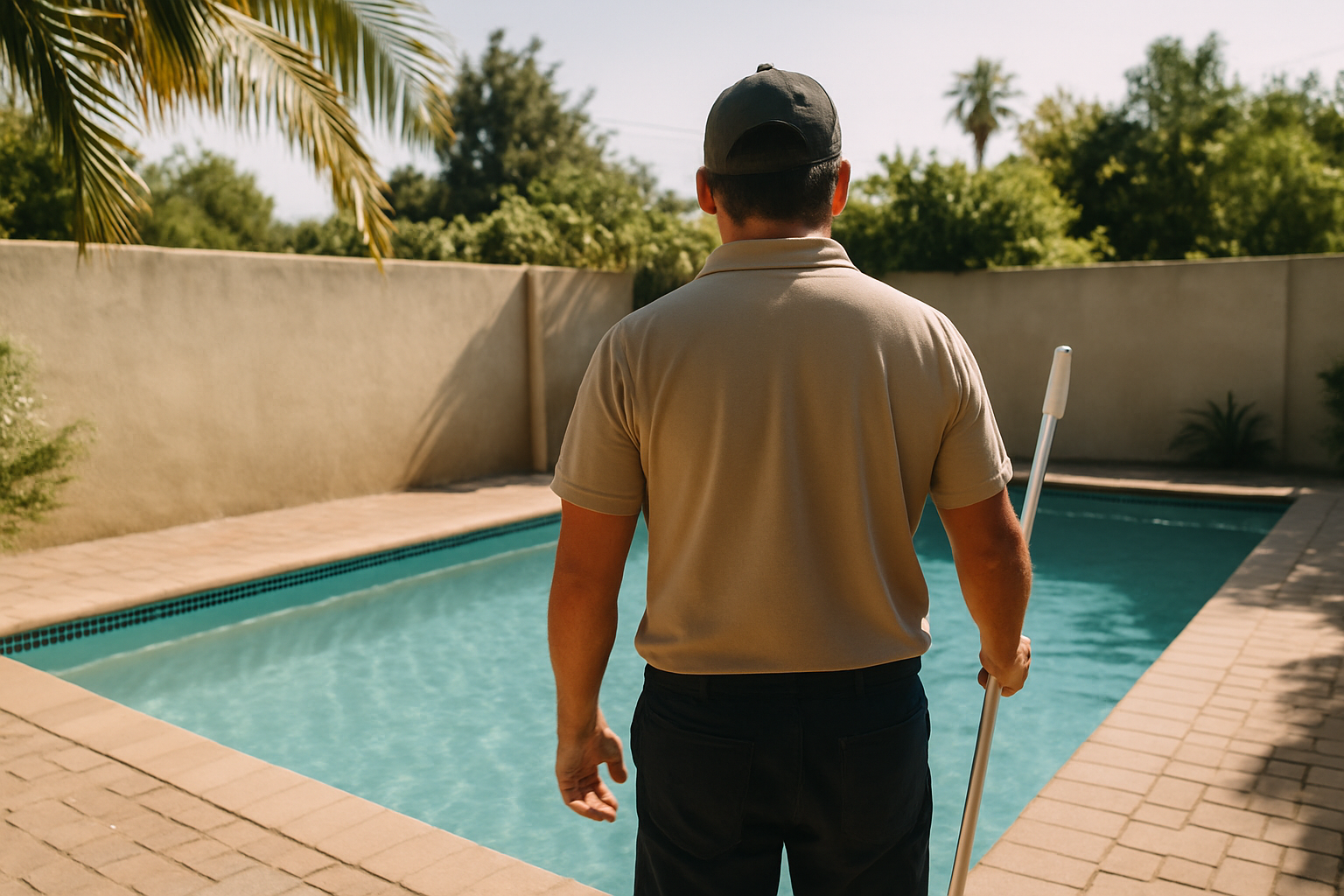 Establishes the weekly-route service context with a recognisable LA residential pool setting and an active but faceless 