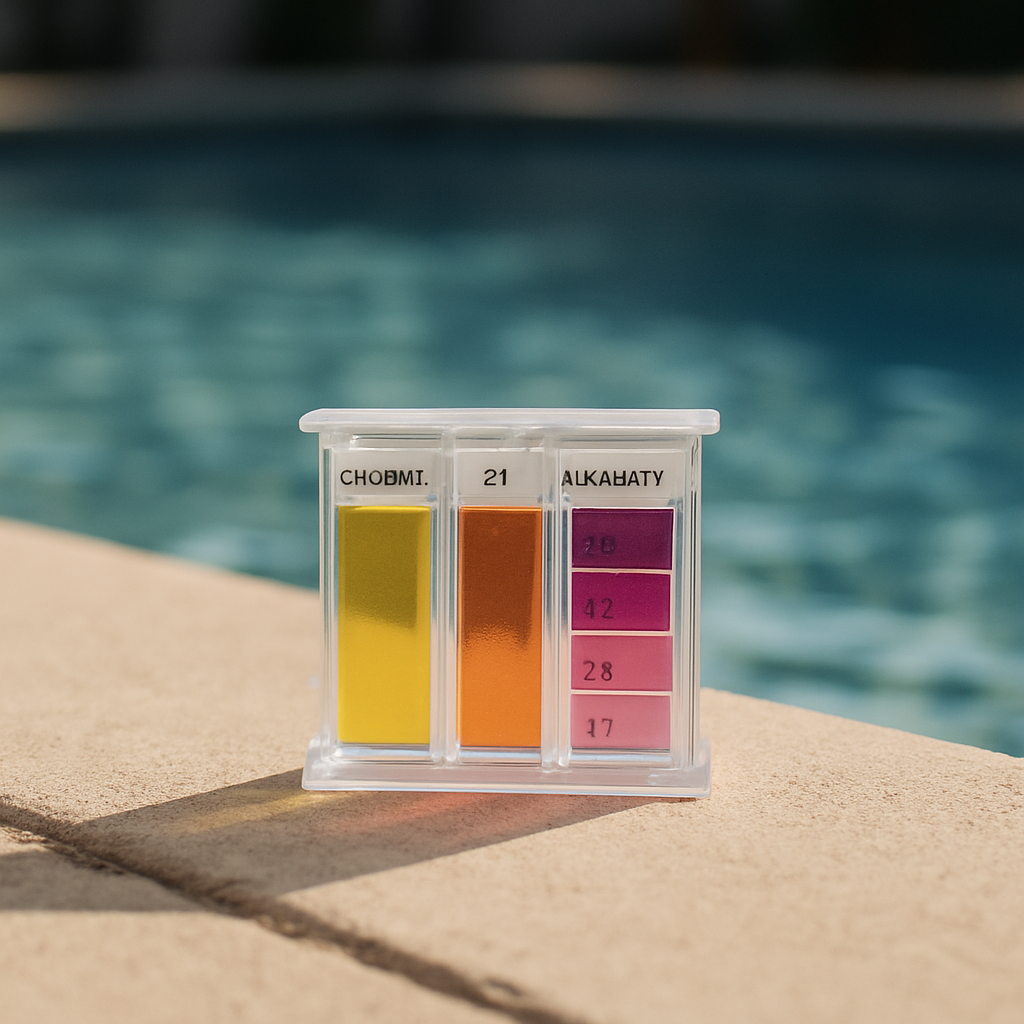 Cleanly represents the chemical testing step with the six-measurement theme, centred on the test kit as a tangible, trus
