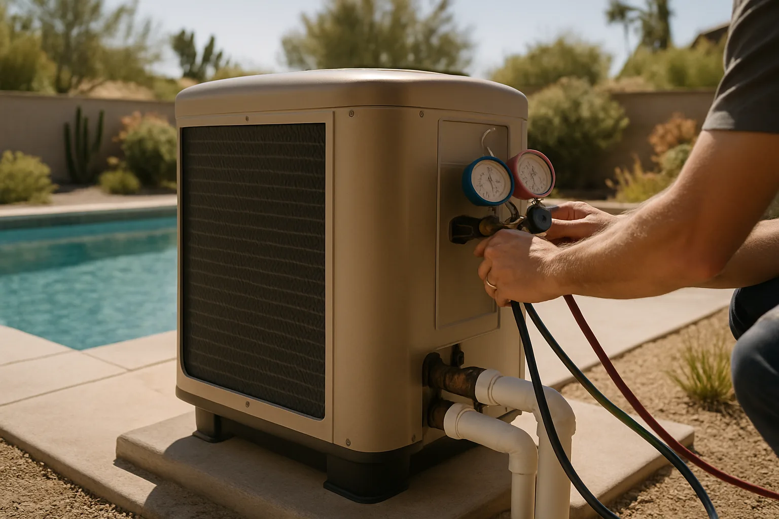 Shows a heat pump being actively serviced in an Orange County residential setting, directly matching the hero section's 