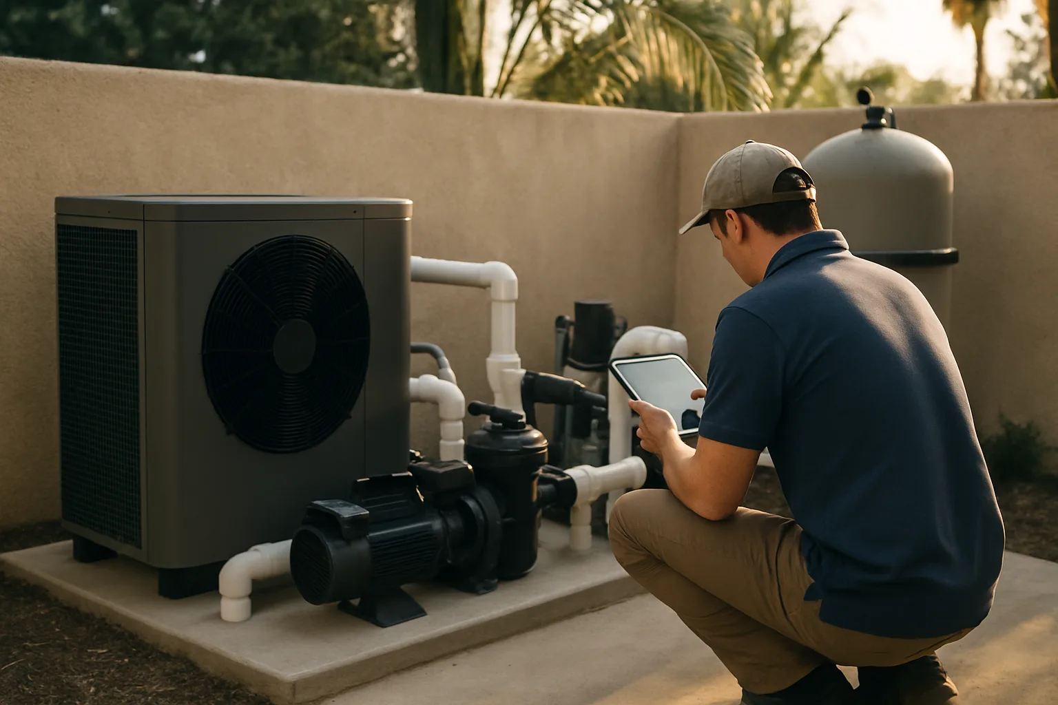 Depicts a crew member at a typical Orange County equipment pad in a straightforward, non-salesy documentary style that r
