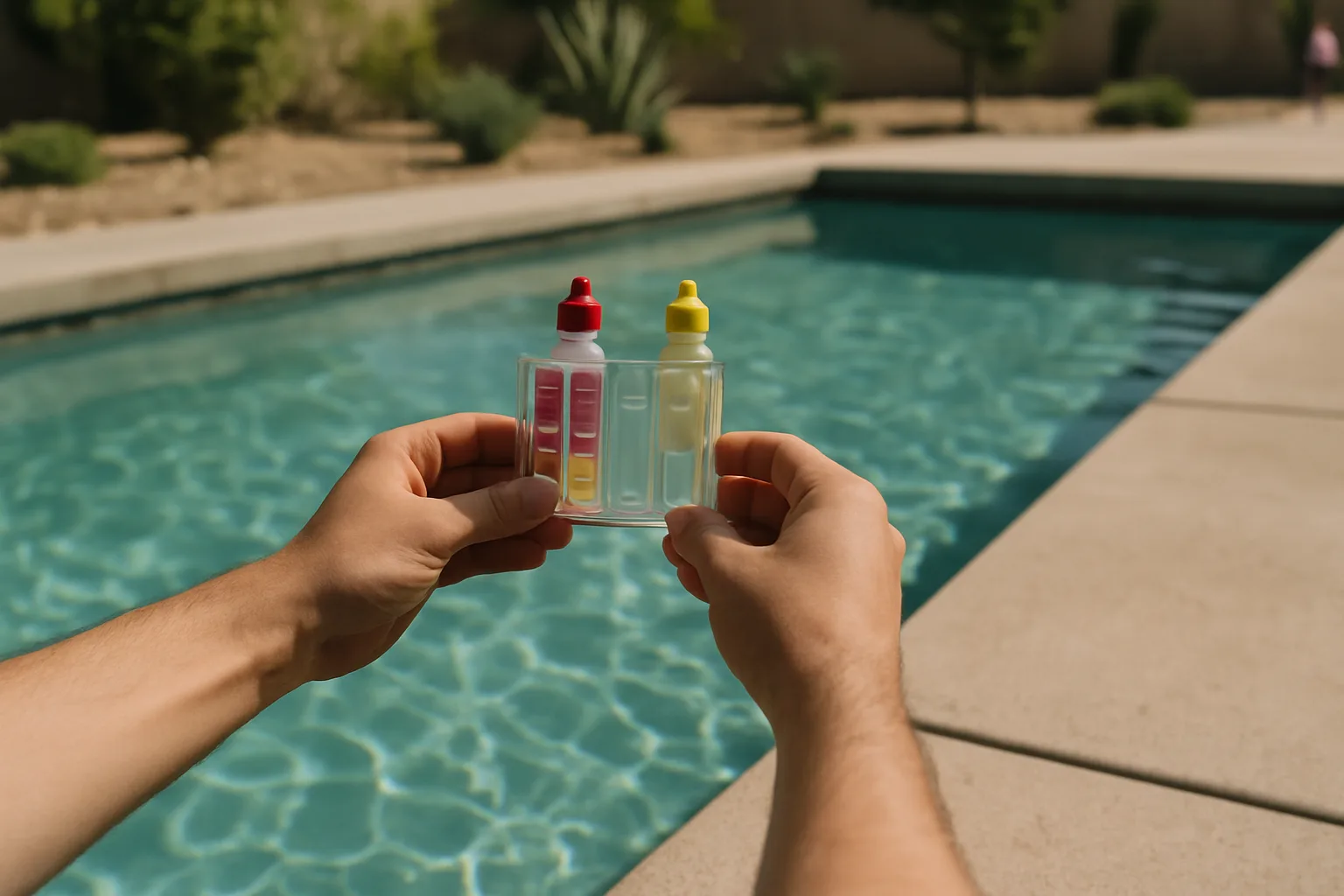 Illustrates on-site water chemistry testing  -  the foundation of calcium hardness management  -  set in a sun-drenched 