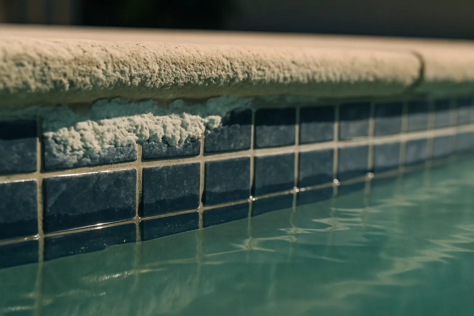Showing the visible calcium scale buildup on pool tile immediately illustrates the hard water problem described in the p