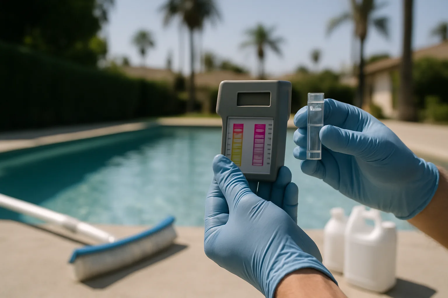 Hands-on chemical testing at a residential LA pool visually represents a structured hard water treatment program without