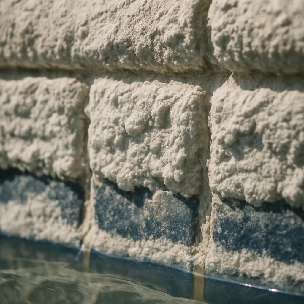 A tight macro of calcium-encrusted tile directly illustrates the hard-water problem described in the surrounding copy an