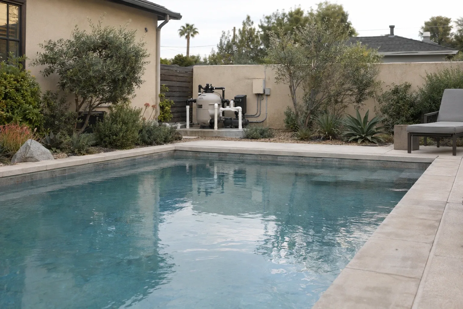 Backyard saltwater swimming pool in Los Angeles with a salt chlorine generator system
