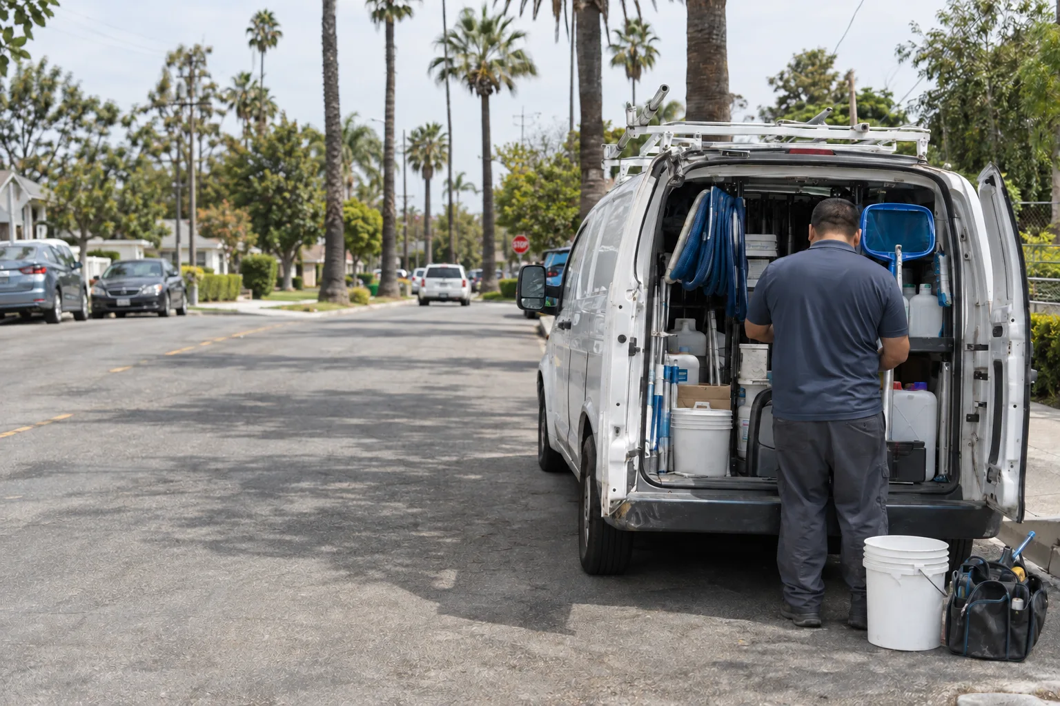 Two white service vans with open rear doors full of pool maintenance equipment parked on a sunny Los Angeles street, with two figures in matching shirts seen from behind