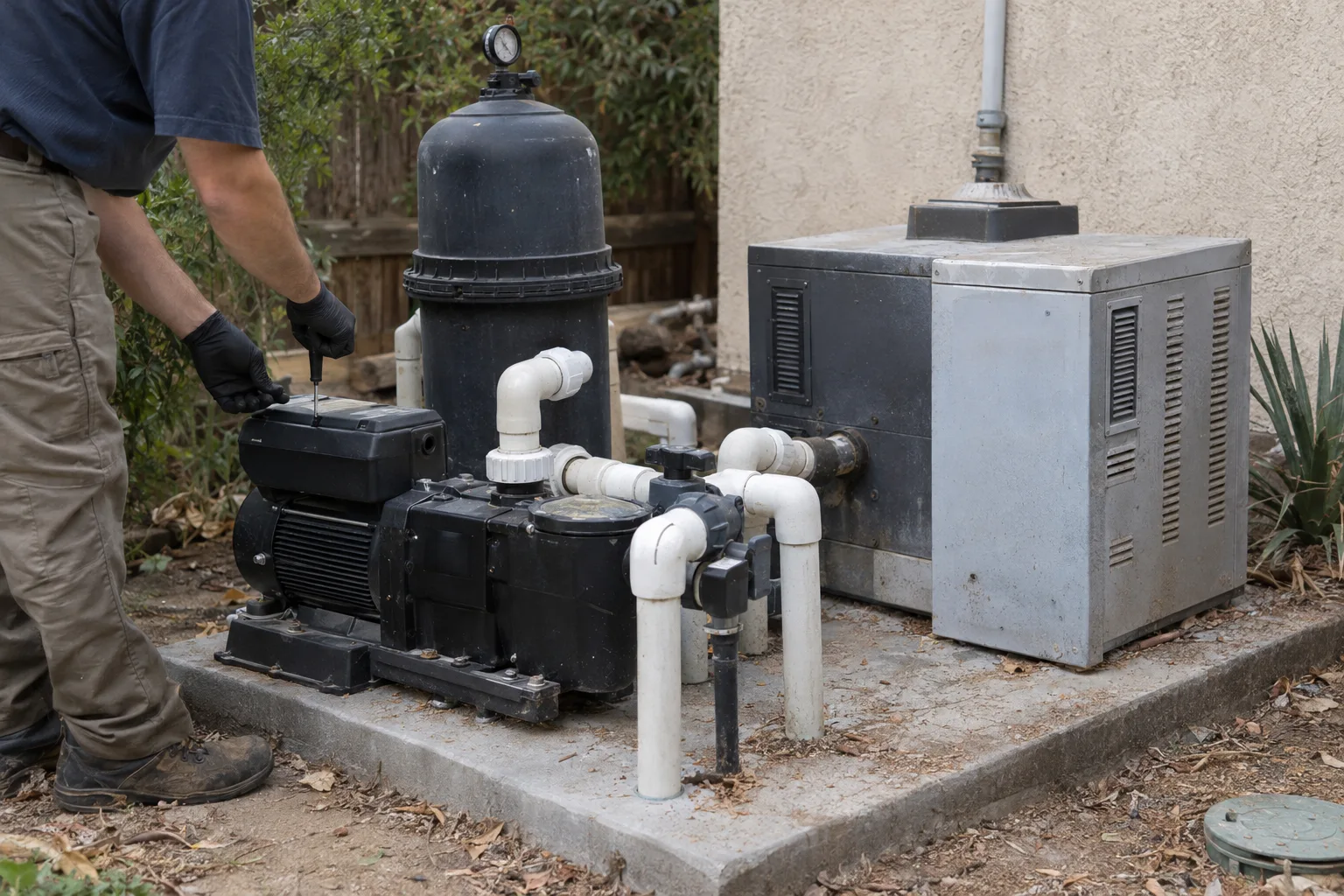 A pool equipment pad with a variable-speed pump, filter, and heater installed side by side on a concrete slab, with a technician's gloved hands visible servicing the pump from the side