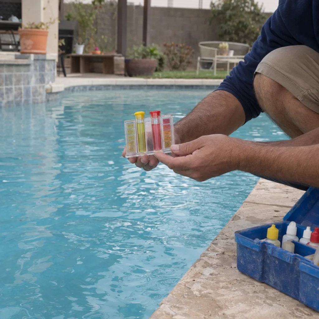 A pool technician's hands holding a multi-vial water chemistry test kit over the edge of a clear blue swimming pool in a sunlit Los Angeles backyard