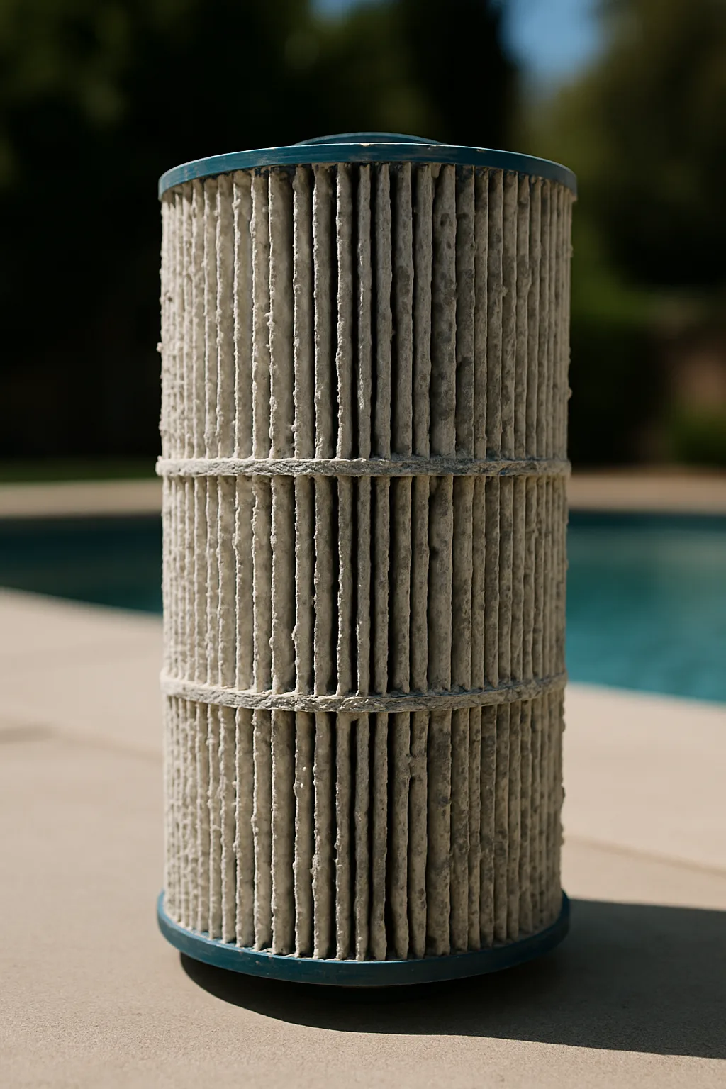 Portrait framing of the tall cylindrical filter cartridge shows the scale-clogged condition described in the surrounding