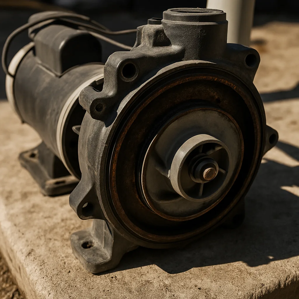 Tight detail shot of an opened pump motor visually communicates pump repair work for this section.