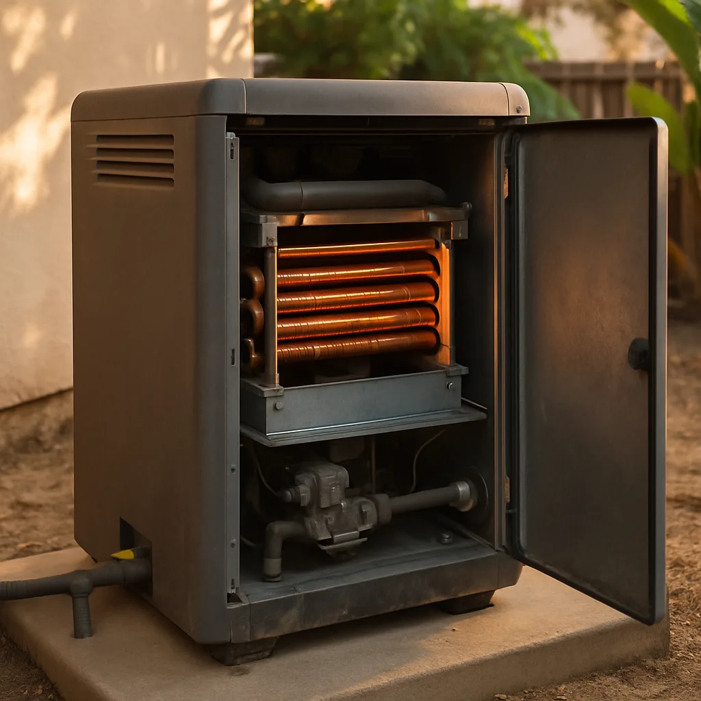 Shows the specific heater access panel and heat exchanger detail described in the slot brief.