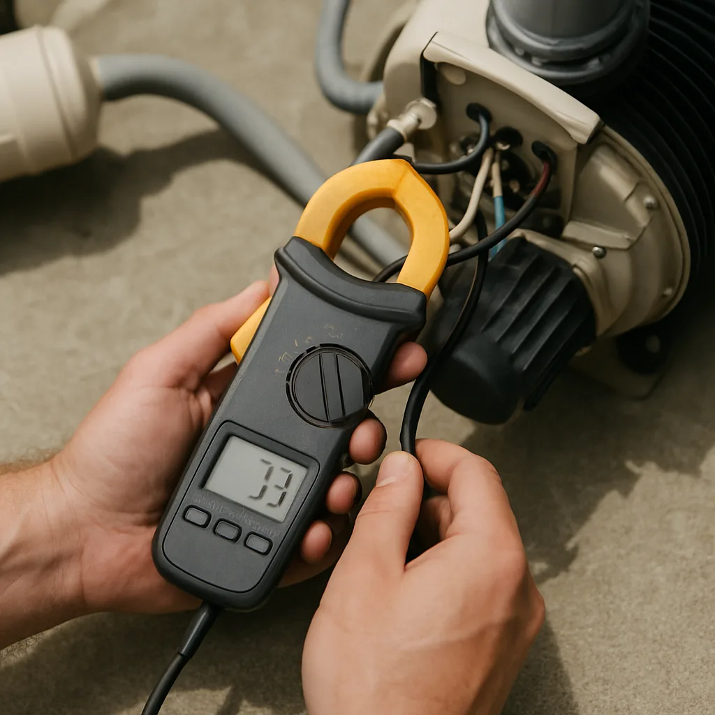 Hands using a clamp meter on pump wiring directly illustrates the electrical diagnostic process described in the copy.