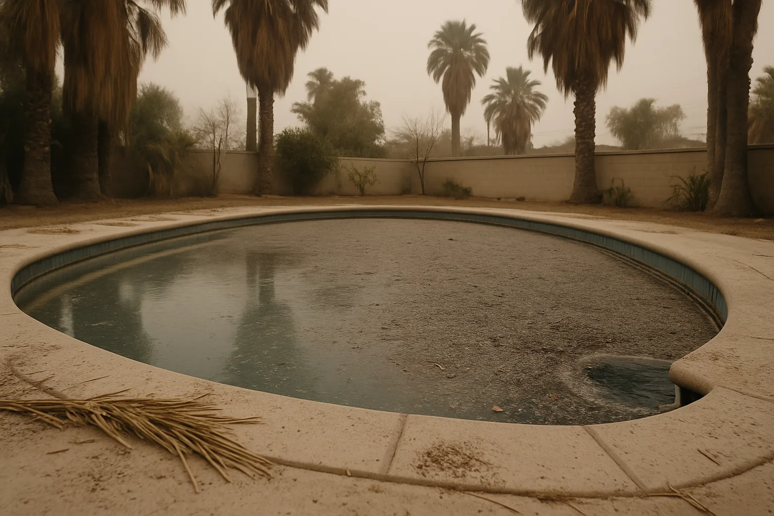 Visually communicates the extreme debris load LA pools face during Santa Ana wind and fire events, directly supporting t