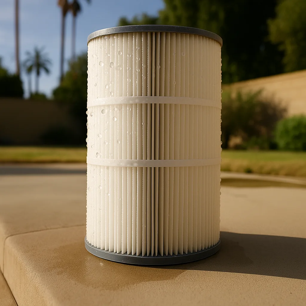 Provides the after-cleaning visual contrast for the pressure-in, service, pressure-out section, showing a restored filte