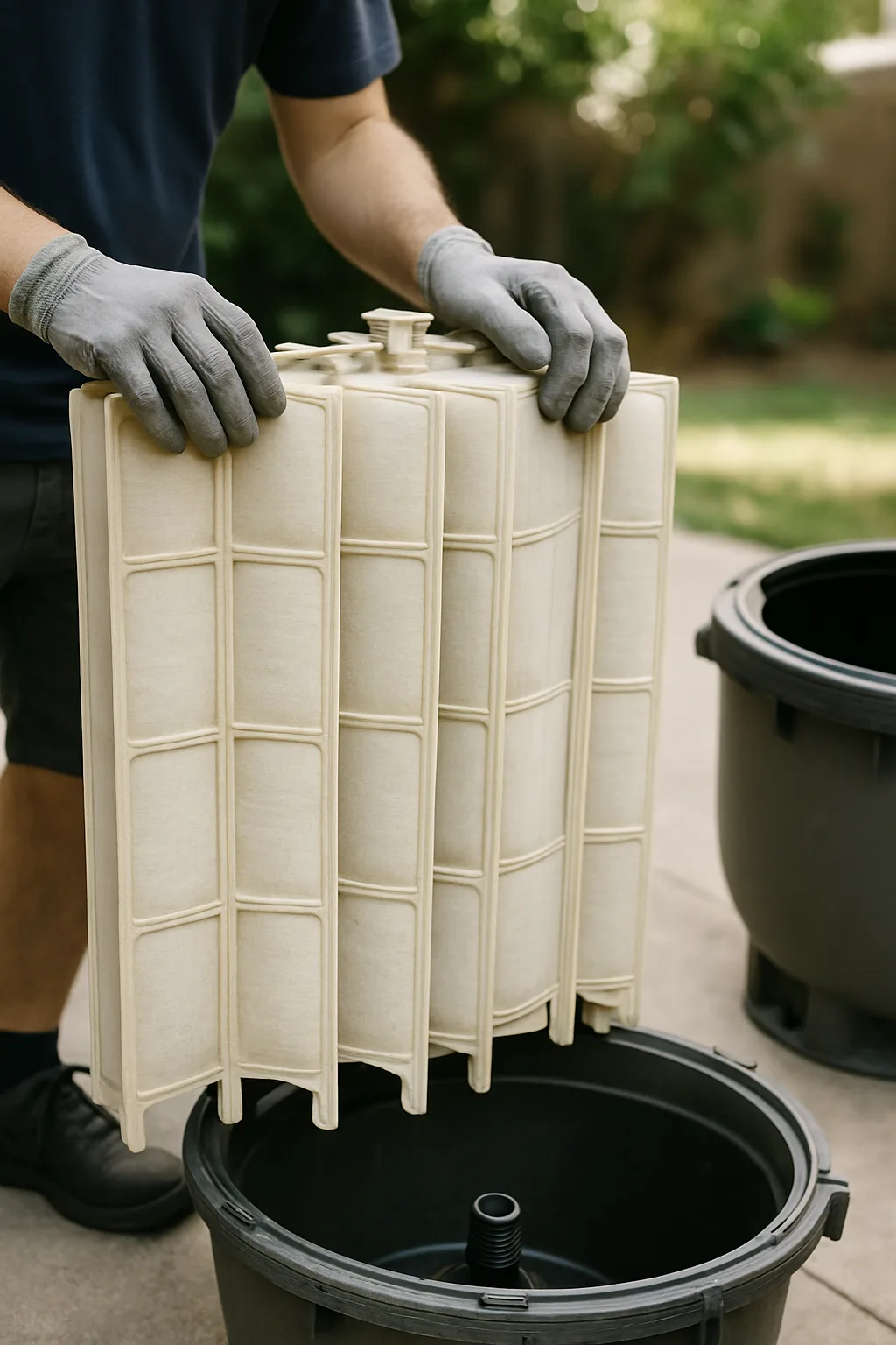 Illustrates the DE filter grid inspection step, distinguishing this filter type visually from cartridge and sand systems