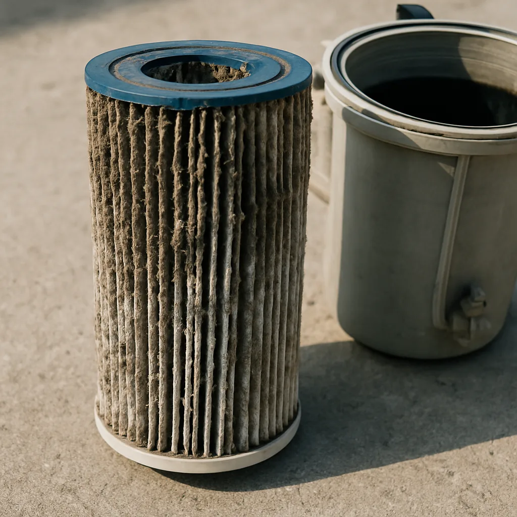 Shows the before state of a serviced filter, directly supporting the 'pressure-in, service, pressure-out' process narrat