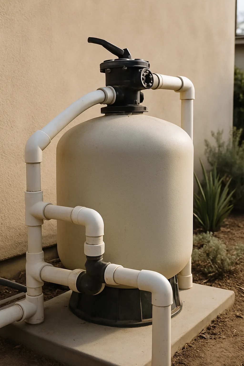 Provides a clear visual identifier of a sand filter with its distinctive multiport valve, completing the three-filter-ty