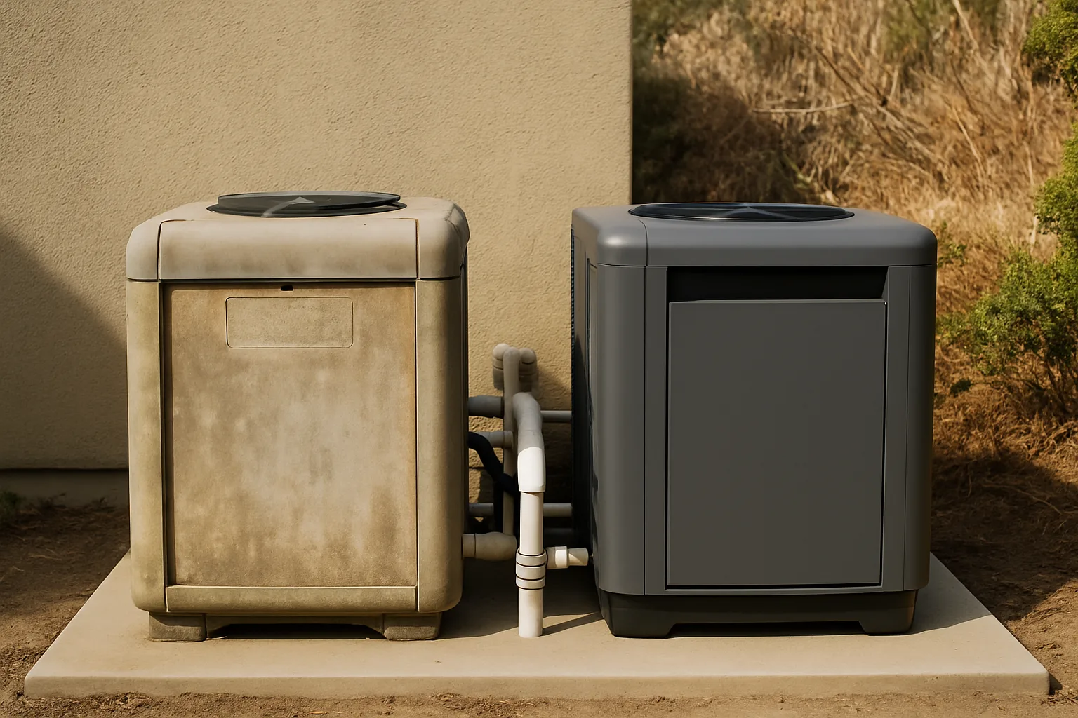 Naturally illustrates the repair-versus-replace decision by showing an old and new heater in proximity without staging a