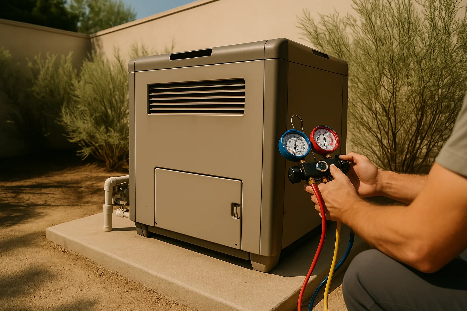 Establishes the core service  -  a technician working on a pool heater on an LA residential equipment pad  -  for the pa