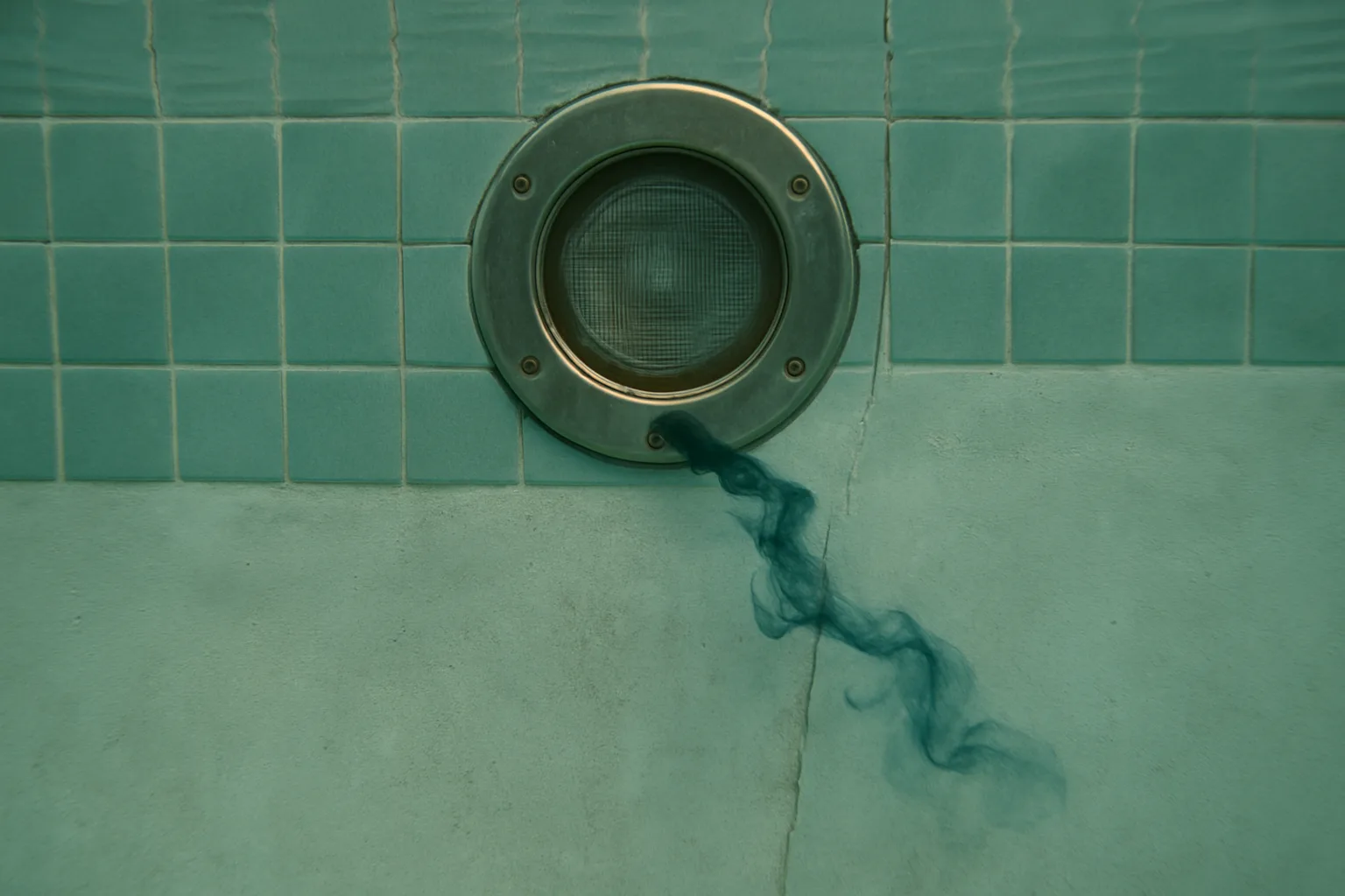 Directly illustrates dye testing near a pool light niche, one of the most common leak points mentioned in the surroundin
