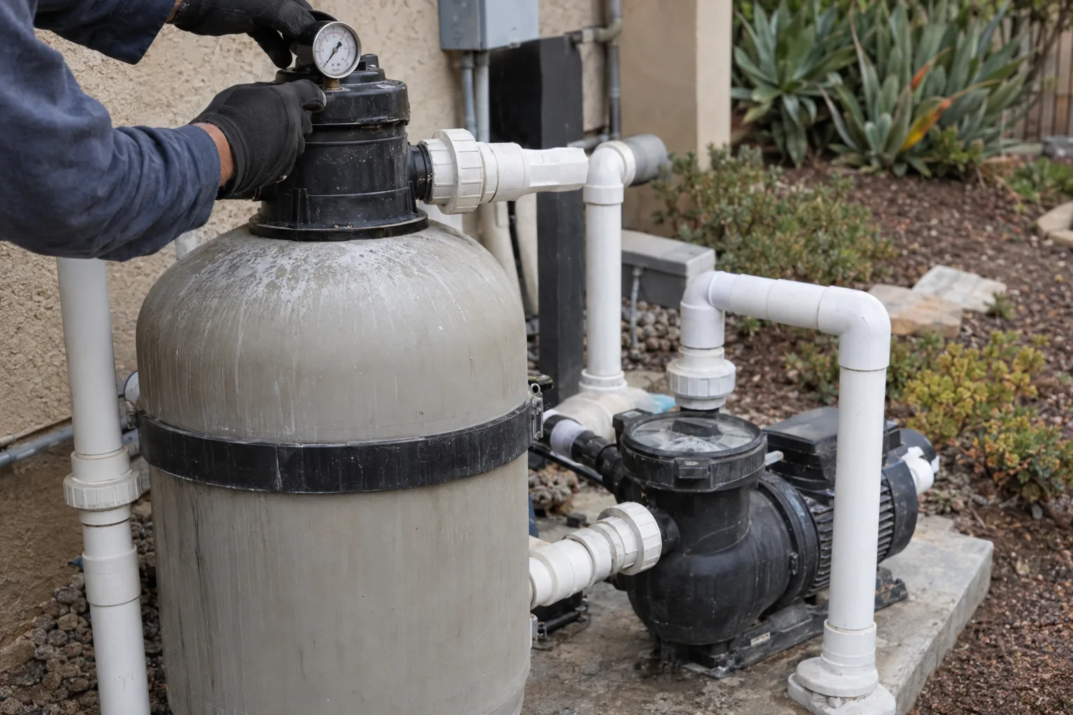 Gloved hands holding a pressure gauge at a residential pool equipment pad with a variable-speed pump, filter canister, and white PVC plumbing on a concrete slab in a Southern California backyard