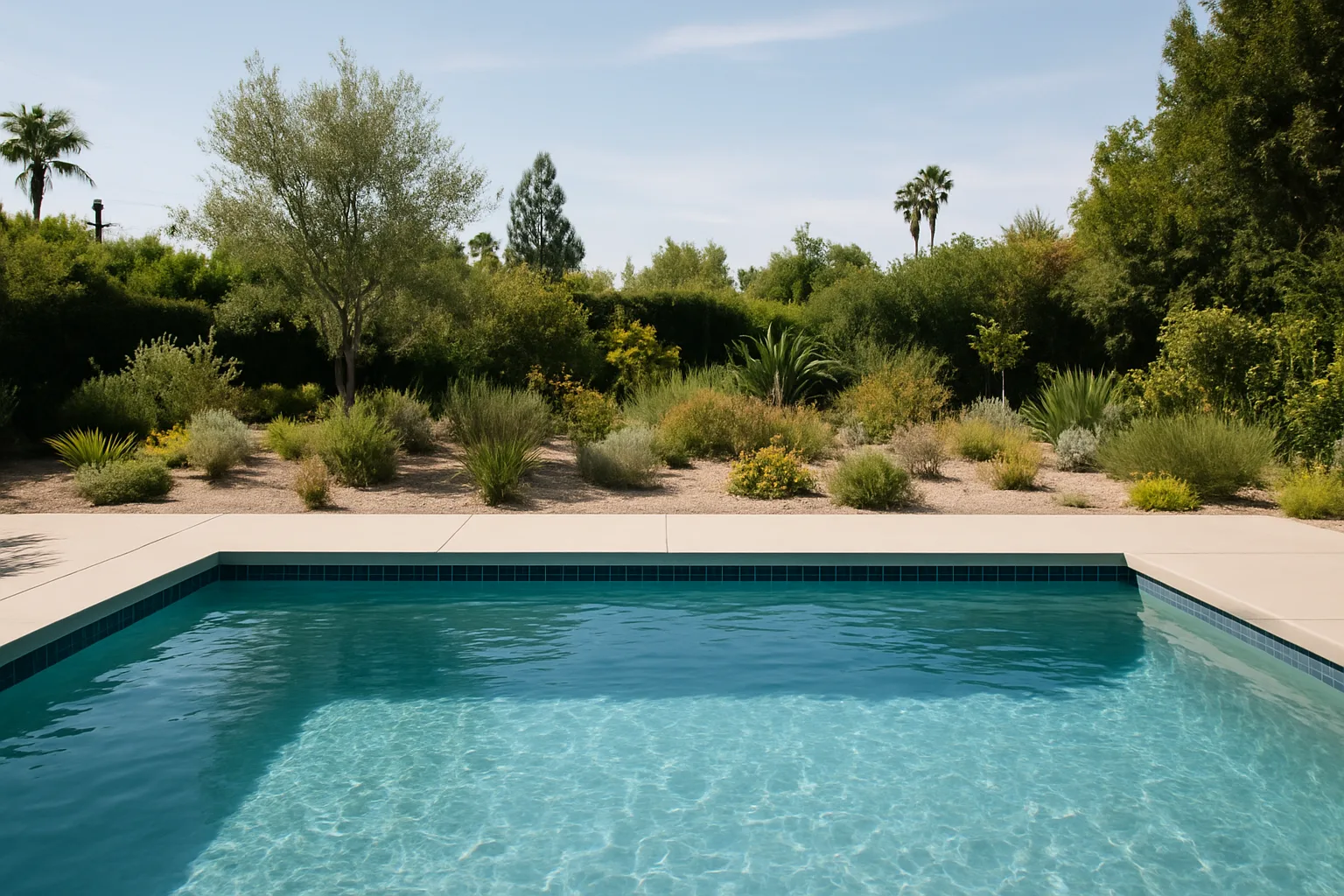 Shows a pool in long-term clean condition after treatment, supporting the copy about using sequestrant chemistry to slow