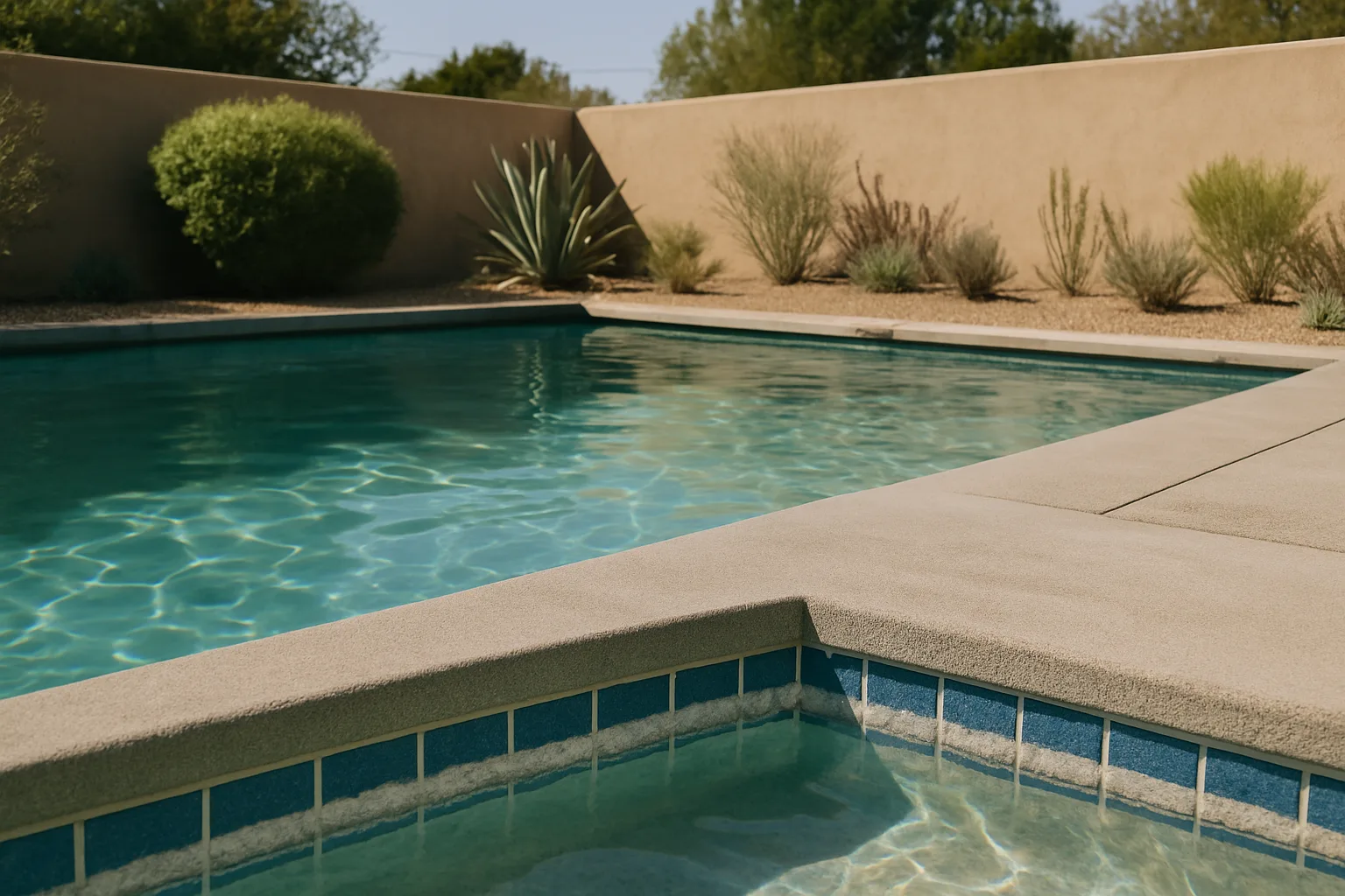 Establishes the core subject  -  visible calcium scale at the waterline of an LA pool  -  as the hero image for the page