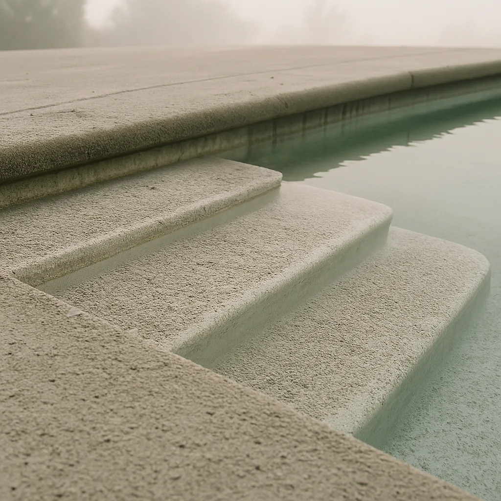 Shows the settled-ash condition on pool steps and surfaces that characterizes a true wildfire ash event, contrasting vis